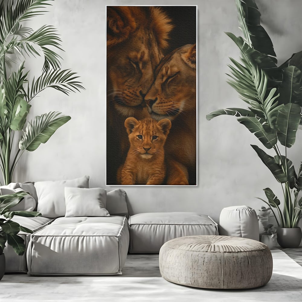 Tablou canvas cu tablou canvas cu familie de lei, in rama de aluminiu argintiu, pe perete intr-un living
